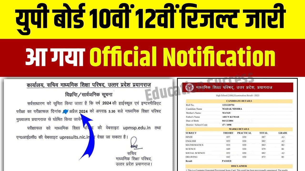 Up Board Result 2024 यूपी बोर्ड 10वीं 12वीं रिजल्ट जारी जल्द चेक करें